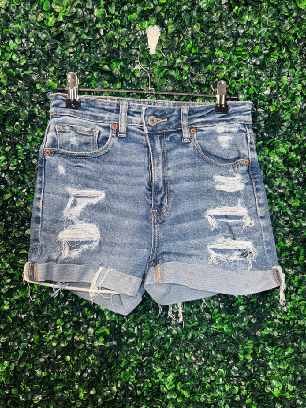 American Eagle Outfitters Light Blue Distressed Rolled-Hem Jean Shorts